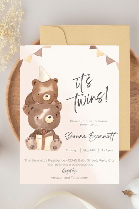 Parties are special! Looking to bring your family and friends together and need some invitations? Look no further! These adorable, digital, Editable Twins Baby Shower Party Invitations are the ones for you! Enjoy and send this We Can Bearly Wait Hello Babies Gender Reveal Neutral Template today! Gender Reveal Invitations For Twins, We Can Bearly Wait Twins, Twin Gender Reveal Invitations, Twin Gender Reveal Ideas, Twin Baby Birthday, Gender Reveal Twins, Twins Baby Shower Ideas, Gender Reveal Neutral, Neutral Template