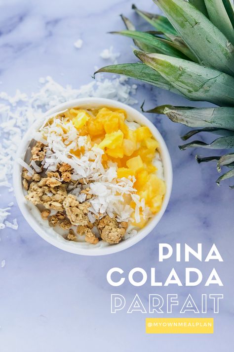 Take your taste buds on a tropical trip with this healthy Pina Colada Parfait! Made with Greek Yogurt, Protein Powder, Coconut Extract, Granola, Pineapple Chunks, and Shredded Coconut! This easy macro friendly treat comes together in no time, and it’s sure to satisfy your sweet tooth! Make it with me! Pineapple Yogurt Parfait, Tropical Yogurt Bowl, Pineapple Yogurt Bowl, Greek Yogurt Protein Powder, Yogurt Protein Powder, Pineapple Yogurt, Macros Diet Recipes, Healthy Pina Colada, Diy Yogurt