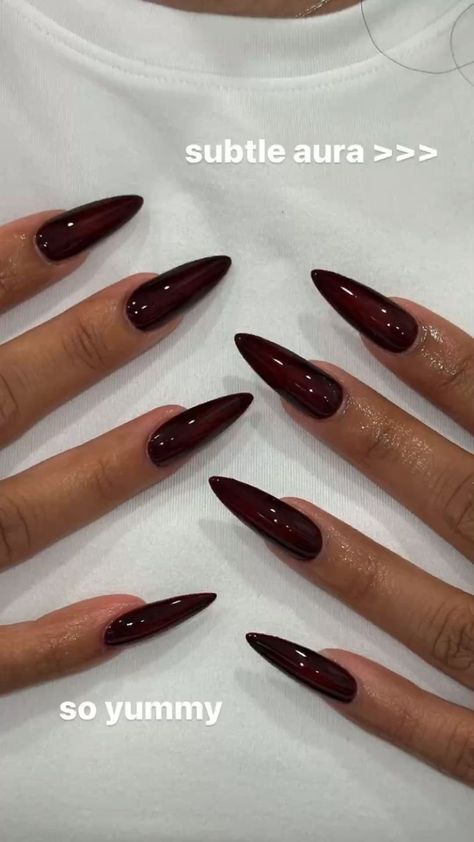 Unique Burgundy Nails, Cat Shape Nails, Wine Red Fall Nails, Long Almond Burgundy Nails, Nails Acrylic Wine Red, Nails Ideas Fall 2024, Fall Acrilyc Nails Ideas, Dark Fall Nail Art, Burgundy Nails 2024