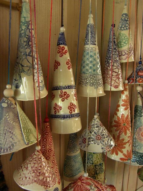 Handmade ceramic bells Ceramic Christmas Bells, Ceramic Bells Handmade, Ceramic Bells, Slab Ceramics, Bell Art, Ljubljana Slovenia, Ceramic Bell, Pottery Handbuilding, Garden Pottery