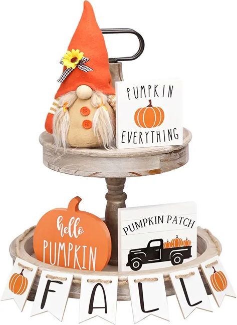 Fall Gnome Centerpiece Thanksgiving Table Decoration, Fall Tray Decor, Pretty Cake Stands, Fall Tray, Fall Ornaments, Fall Tiered Tray Decor, Fall Coffee Table, Fall Wood Signs, Home Decor Shelves