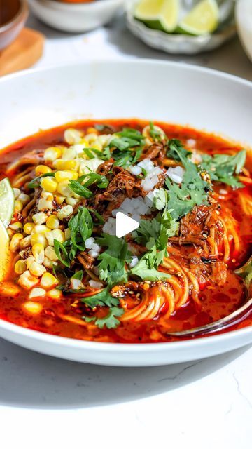 Nadia Aidi on Instagram: "Birria Ramen (a la Disney) for ep.3 of Twisting The Classics. Classic birria is eaten by itself or in tacos, but when I tried the birria ramen in Disney I truly LOVED it and wanted to make it my way. I am well aware that the way I make birria is NOT traditional (no me gusta con canela ok?

Ingredients:
* 2.5-3 lb chuck (cubed).
* 1 large onion (quartered).
* 3 large campari tomatoes (halved).
* 5 garlic cloves.
* 3 bay leaves.
* 6 morita chiles.
* 4 chiles de arbol.
* 6-8 guajillo chiles.
* 2 tbsp tomato paste.
* 1 tbsp smoked paprika.
* 2.5 tsp Mexican oregano.
* 1/2 tsp cumin & 1/2 tsp clove.
* 3 tbsp white vinegar.
* 10 shots maggi.
* 3 cups beef stock.
* Water.
* Ramen noodles to taste.
* Salt and pepper to taste.

Toppings:
* Corn kernels.
* Cilantro.
* Scall Beef Stock, Corn Kernel, Ramen Noodles, Tomato Paste, Smoked Paprika, Cilantro, Garlic Cloves, Noodles, Ramen