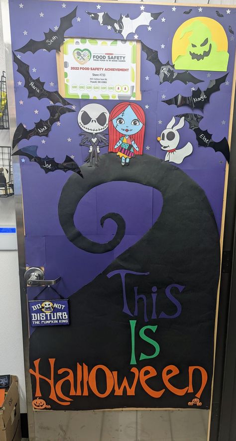 Nightmare Before Christmas Halloween Door Decor, Nightmare Before Christmas Class Door, Nightmare Before Christmas Door Decorate, Nightmare Before Christmas Door Ideas, Halloween Hallway Ideas For School, Jack Skellington Door Decoration, Nightmare Before Christmas Bulletin Board, Nightmare Before Christmas Halloween Door, Nightmare Before Christmas Door Decor