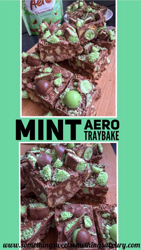 Mint Aero TrayBake! | Something sweet something savoury Mint Aero TrayBake - a quick and easy, no bake chocolate fridge cake with Mint Aero chocolate and Mint Aero bubbles! | Something sweet something savoury #nobake #mintaerotraybake #mintaerobubbles #nobaketraybakes #easyrecipes #chocolate Mint Aero Traybake, Fancy Bars, Fudge Ideas, Chocolate Fridge, Chocolate Fridge Cake, Chocolate Traybake, Aero Chocolate, Peppermint Slice, Cafe Sweets