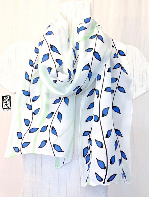 Scarf Painting, White Silk Scarf, Saree Painting, Hand Painted Dress, Green Vines, Fabric Paint Designs, Silk Chiffon Scarves, Habotai Silk, Fabric Scarf