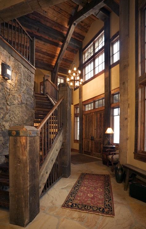 So pretty. Eclectic Staircase, Stone And Wood, Architecture Ideas, Home On The Range, Log Cabins, Rustic Living, House Goals, Staircase Design, Cabin Homes