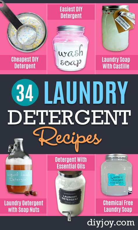 Laundry Detergent Recipes - DIY Detergents and Cleaning Recipe Tutorials for Homemade Inexpensive Cleaners You Can Make At Home - Scented Powder and Liquid for He Washer - Save Money With These Cheap Ideas - Natural Products With Essential Oils - Baby, Sensitive Skin Detergent Free Ideas http://diyjoy.com/diy-laundry-detergent-recipes Chemical Free Laundry Detergent, Diy Laundry Soap Recipe, Laundry Soap Recipe, Diy Detergent, Homemade Laundry Detergent Recipes, Diy Laundry Soap, Homemade Detergent, Laundry Detergent Recipe, Detergent Recipe