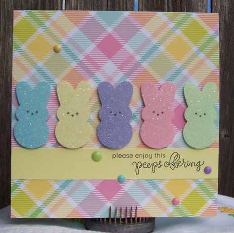 https://flic.kr/p/EA6qrE | Peep Offering | Made with the March, 2016, Simon Says Stamp Card Kit. This card just makes me smile every time I look at it! Patterned paper by Echo Park. Enamel dots by Teresa Collins and Doodlebug. I ran the Peeps diecuts through my Xyron face down and then added Distress Rock Candy Glitter to get the sugary look. Peeps Cards Handmade, Bunny Cards Handmade, Peeps Cards, Easter Greeting Cards Handmade, Diy Easter Cards, Easter Bunny Cards, Bunny Cards, Bunny Peeps, Peeps Easter