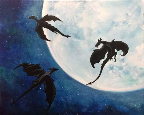 Night Sky Dragon Tattoo, Dragon Acrylic Painting, Paint And Sip Studio, Painted Tapestry, Silhouette Paintings, Easy Dragon Drawings, Dragon Painting, Castle Painting, Dragon Silhouette