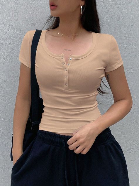 Dazy Star Solid Color Half Buttoned Round Neck Short Sleeve T-ShirtI discovered amazing products on SHEIN.com, come check them out! Collar Shirts Women, Half Sleeve Shirts, Collar Shirts, Fashion Online Shop, Half Sleeves, All Fashion, Women Clothing, Womens Tees, Colorful Shirts