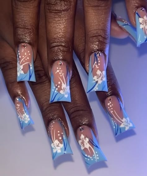 Duck Summer Nails, Short Royal Blue Acrylic Nails, Duck White French Tip Nails, Summer Duck Nails Design, Baby Blue Duck Nails, Blue French Tip With Hibiscus Flower, Blue French Tips Hibiscus, Blue Duck Nails, Duck Bill Nails