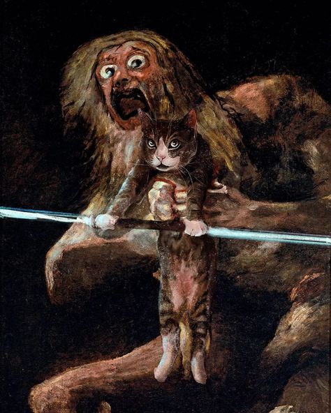 Saturn devouring his cat. Painting by Francisco Goya. #saturnart #franciscogoya #classicarts Personalized Paintings, Saturn Art, Goya Paintings, Garfield Pictures, Francisco Goya, Cat Painting, Custom Pet Portraits, Pet Portraits, Paintings