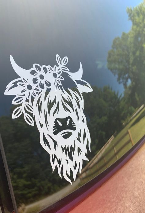 Lovely Highland Cow vinyl car window decal. Vinyl decals are a unique way to add your own personal touch to your vehicle. Includes instructions on how to apply.These are made with permanent vinyl and should last 3-5 years.Sticker measures 5x4 inches. Cow Decals Cars, Cow Car Decal, Cow Car Stickers, Trendy Car Decals, Diy Car Decals Cricut, Best Car Decals, Truck Decal Ideas, Decals For Cars Women, Vinyl Decals Ideas For Cars