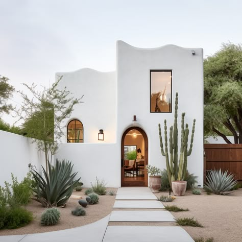 Dessert Home Exterior, Arizona Modern Home, Desert Home Exterior Paint Colors, White Spanish House, Desert House Exterior, Desert Home Exterior, Stucco House, Mexico House, Adobe House