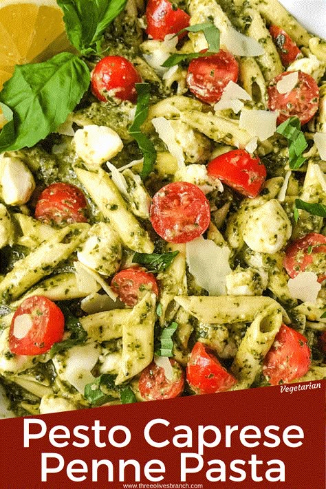 This popular and fresh Pesto Caprese Penne Pasta is tossed with a fresh basil pesto, cherry tomatoes, and fresh mozzarella cheese. A delicious Italian vegetarian pasta. Serve it warm or cold. #pestopasta #vegetarianpasta #pennepesto #pestopennepasta Pesto Feta Pasta Salad, Jimmy John’s Pesto Pasta Salad Recipe, Pasta Salad With Pesto Recipes, Pesto Caprese Pasta, Pesto Noodle Salad, Easy Pesto Pasta Salad Recipes, Creamy Caprese Pasta Salad, Caprese Pesto Pasta Salad, Orichette Pasta Salad