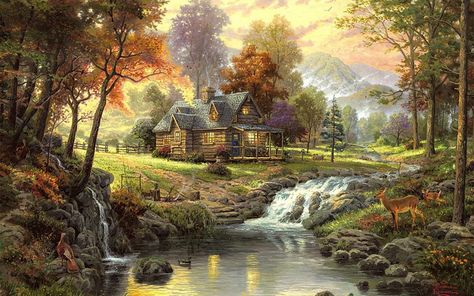 Wallpaper-landscape-thomas-kinkade-autumn-cottage-in-the-woods, via Flickr. Thomas Kinkade Cottage, Thomas Kinkade Art, Thomas Kinkade Paintings, Thomas Kincaid, Kinkade Paintings, A Cabin In The Woods, Art Thomas, Disney Paintings, Cabin Art