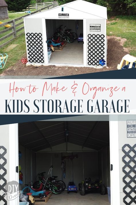 Tired of tripping over outdoor kids toys or seeing them blow away in the wind? Create an outdoor kids storage space with affordable organization solutions, right in your backyard!  #diy #kids #toys #organization Power Wheels Storage, Kids Car Garage, Outdoor Kids Toys, Kids Shed, Outside Toys For Kids, Outside Toys, Kids Garage, Outdoor Toy Storage, Storage For Toys