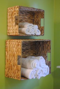 because sometimes you just gotta nail stuff to the wall. probably would want to use a different basket though...good inspiration! Bathroom Towel Storage, Nail Salon Design, Salon Interior Design, Diy Dollar Store Crafts, Towel Storage, Crafts To Make And Sell, Salon Decor, Decor Bathroom, Dollar Store Diy