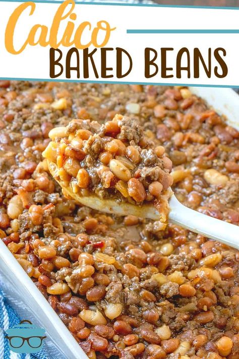 The Best Calico Baked Beans recipe from The Country Cook, pictured in a large white baking dish with a scoop being removed with a white spoon. Best Calico Beans Recipe, Baked Beans With Hamburger And Bacon, Calico Beans Crockpot, Crockpot Meals With Ground Beef, Calico Baked Beans, Meals With Ground Beef, Calico Beans Recipe, Beans With Ground Beef, Baked Bean Casserole