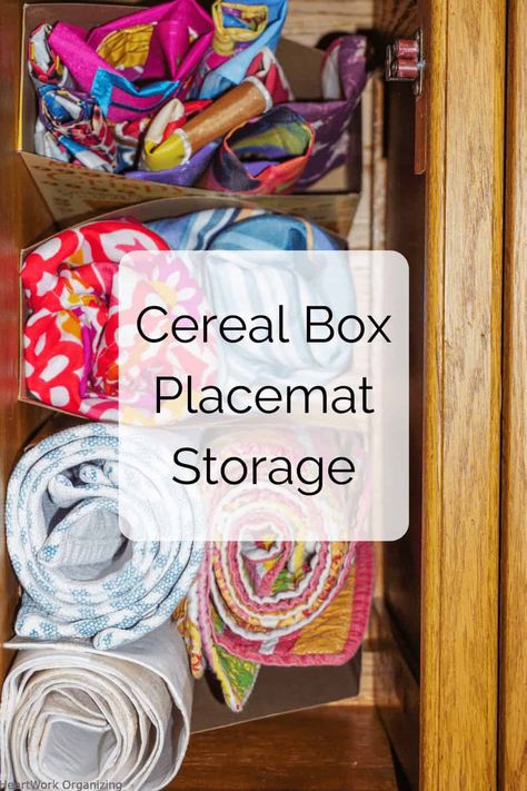 Placemat Storage, How To Make Cereal, Cereal Box Organizer, Box Hacks, File Boxes, Magazine Files, Organizing Storage, Cereal Boxes, Gift Wrapping Bows