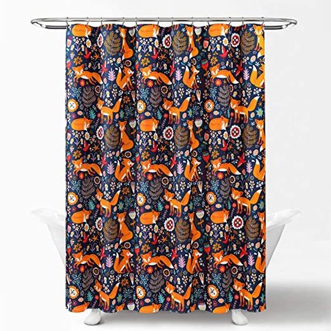 Lush Decor, Navy Pixie Fox Shower Curtain-Fabric Floral Animal Print Design, x 72 Frolicking In A Field, Shower Curtain Design, Curtains Hooks, Study Craft, Friendly Fox, Kid Bathroom, Cabin Bathroom, Lush Decor, Childrens Books Illustrations