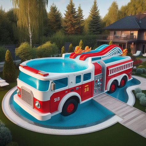 Fire Truck-Shaped Outdoor Pool: Dive into Fun And Transform Your Backyard Commercial Indoor Playground, Kids Bed Design, Beach Cake, Outdoor Fun For Kids, Swimming Pool Landscaping, Truck Theme, Diy Swimming Pool, Childs Play, Fun House