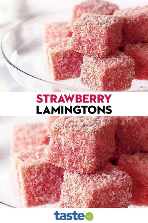 Strawberry Lamingtons Recipe, Pink Lamingtons Recipe, Strawberry Lamingtons, Pink Lamingtons, Lamington Recipe, Cafe Shop Ideas, Afternoon Tea Food, Lamingtons Recipe, Dessert Baking Recipes