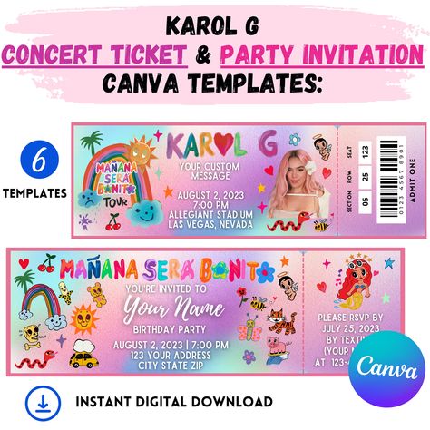 🎶 Karol G Canva (3) Concert Ticket AND (3) Party Invitation Templates🎤 🎉 Perfect for Any Karol G Event 🎤 Capture the excitement of a Karol G concert with our Canva concert ticket template! Whether you're attending her Mañana Sera Bonito Tour OR throwing a Karol G inspired party or event... this template helps bring excitement and serves as a fun and special keepsake!  🌟 User-Friendly Canva Template! 💃  With our easy-to-use Canva template, you can design your perfect ticket☺ Customize the font, size, and event details to fit your event perfectly. We include step-by-step instructions if you're new to Canva.  🎶 Order Now and Bring Your Bichota Vibes! 🎉 (Note: This listing includes a digital Canva template only. No physical items will be shipped. Canva account required for template cus Karol G Party Theme Ideas, Manana Sera Bonito Party, Mañana Sera Bonito Party Ideas, Karol G Birthday Theme, Karol G Party, Karol G Concert, Ticket Party Invitations, Concert Ticket Template, Concert Ticket