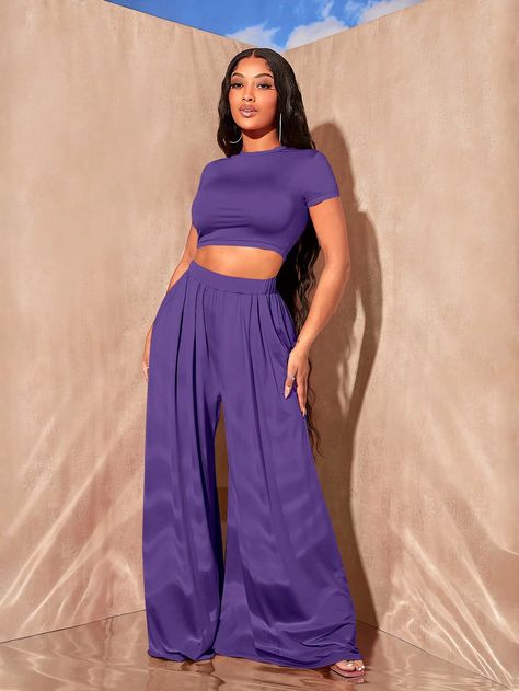 SHEIN SXY Solid Crop Top & Wide Leg PantsI discovered amazing products on SHEIN.com, come check them out! Purple Wide Leg Pants Outfit, Purple Wide Leg Pants, Wide Leg Pants Outfit Casual, Purple Wide Leg, Solid Crop Top, Purple Two Piece, Wide Leg Pants Outfit, Stand Collar Top, Pants Outfit Casual