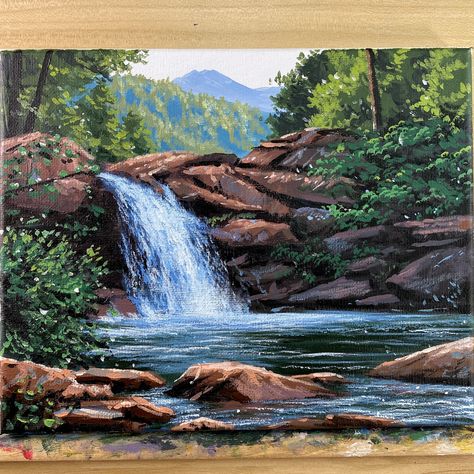 Original Artwork by John Rowell Correa (Correa Art) * 8" x 10" Acrylic on canvas * FREE SHIPPING * NOTE: Colors may vary slightly based from what is shown on a computer screen Big Nature Painting, How To Paint Rocks On Canvas, Landscape Art Painting Acrylic, Scenery Painting Waterfall, Waterfall Acrylic Painting, Painting Of A Waterfall, Waterfall Watercolor, Correa Art, Cottagecore Scenery Painting