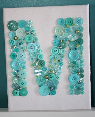 So cute! I've also seen the same thing but made with hole-punched paint color samples which would be an even  easier way to save money! Button Letters, Buttons Crafts Diy, The Letter M, Nursery Artwork, Canvas Letters, Valentines Crochet, Nursery Letters, Diy Buttons, Letter M