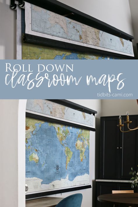 Hidden Homeschool Room, Diy Pull Down Map, Dining Homeschool Room, Organized Homeschool Room, Modern Farmhouse Homeschool Room, Rustic Homeschool Room, Large Homeschool Room, Shed Homeschool Room, Homeschool Learning Wall