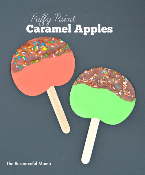 Caramel apple craft for kids using puffy paints Caramel Apple Craft, Apple Craft For Kids, Preschool Apple Theme, Turkey Crafts Kids, Apple Crafts, Apple Lessons, September Crafts, Apple Preschool, October Crafts