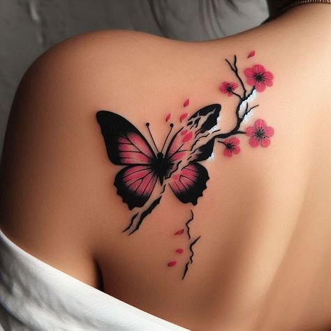 Colored Ankle Tattoo, Butterfly Tattoo With Cherry Blossoms, Coraline Flash Tattoo, Shoulder Tattoo Ideas Female, Tattoos Ideas Female, Direction Tattoo, Girly Hand Tattoos, Corpse Bride Tattoo, Flash Tattoo Ideas