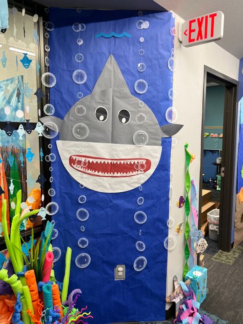 Shark Classroom Decorations, Shark Door Decorations Classroom, Shark Week Decorations, Shark Door Decoration, Shark Classroom Door, Ocean Door Decorations Classroom, Ocean Vbs, Scuba Vbs, Cruise Door