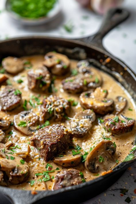 Creamy Garlic Steak Bites with mushrooms - Krystel's Cooking Creamy Garlic Steak Bites With Mushrooms, Steak Bites Mushrooms, Creamy Steak Bites, Sirloin Tip Steak Recipes, Beef Steak Bites, Steak Bites And Mushrooms, Easy Salad Lunch, Steak Bites With Mushrooms, Creamy Steak