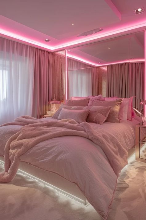 A luxurious bedroom with an emphasis on pink tones, featuring a plush bed with coordinating bedding and curtains, enhanced by ambient pink lighting. Pink Vibe Bedroom, Pink Apartment Aesthetic, Room Baddie, Baddie Room Ideas, Bedroom Baddie, Baddie Bedroom, Baddie Room, Pink Apartment, Baddie Apartment