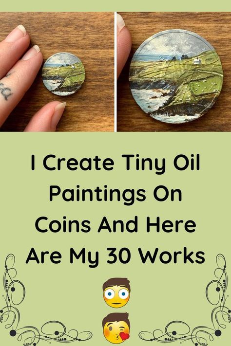 Painting On Coins, Miniature Paintings Ideas, Miniature Oil Paintings, Tiny Oil Paintings, Tiny Paintings Ideas, Miniature Painting Ideas, Coin Painting, Miniature Landscape Painting, Miniature Art Painting