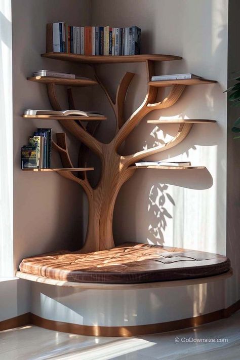 Unique Study Room, Book Shelves For Small Rooms, Tree Shaped Bookshelf, Shelf Book Decor, Cool Book Shelves Ideas, Books Shelf Design, Book Shelf In Bedroom Design, Book Corners Bedroom, Bedroom Decor Corner Space