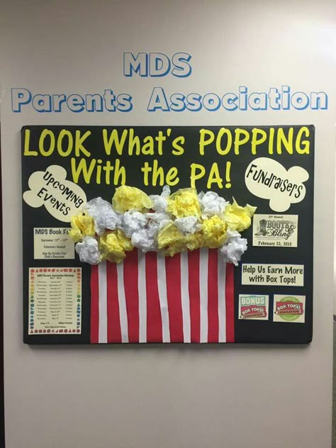 Popcorn theme Popcorn Decorations Classroom, Popcorn Poster Board Ideas, Pta Trifold Board, Pta Booth Ideas, Pta Open House Table, Popcorn Bulletin Board Ideas, Pto Table At Open House, Popcorn Party Decorations, Pto Bulletin Board Ideas