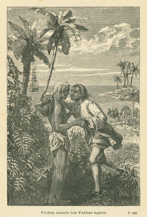 Dalziel Brothers (Engraver) /  Zwecker, Johann Baptist (1814-1876) (Artist). Friday meets his father again. Robinson Crusoe landing his raft. From: Defoe, Daniel. The life adventures of Robinson Crusoe, of York, mariner, with an account of his travels round three parts of the globe, with illustrations by Zwecker, engraved by Dalziel. New York George Routledge Sons, 187-? Friday Illustration, Book Board, Robinson Crusoe, French Books, Wood Engraving, New York Public Library, Picture Collection, Life Is An Adventure, Children's Book Illustration