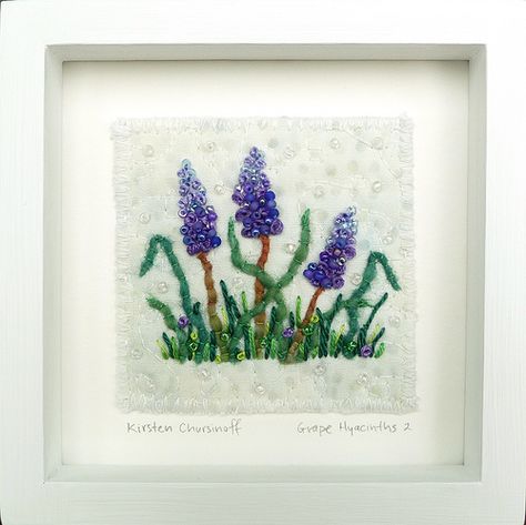 Grape Hyacinths 2, framed | A new series of small embroidere… | Flickr Yarn Couching, Glass Beads Embroidery, Edith Holden, Spring Embroidery, Botanical Embroidery, Beading Embroidery, Chicken Scratch, Beads Embroidery, Embroidery Works