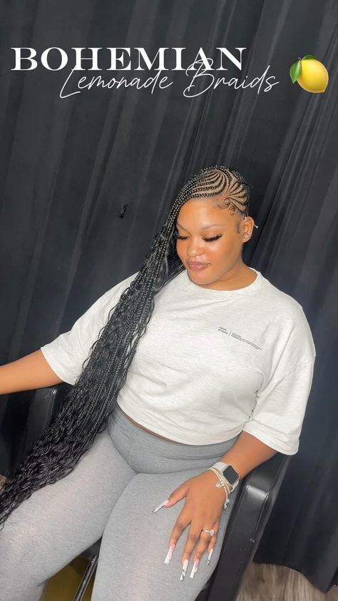 BRAID STYLIST 💕 | My freestyles go hard 😍🖤💨 STYLE: Boho lemonade braids 😍🖤🍋🍋 Dm or call 📥📞 for ALL inquiries or to book #montegobayhairdresser… | Instagram Lemonade Braids Straight Back, Lemonade Boho Braids Hairstyles, Lemonade Braids Boho, Lemonade Boho Braids, Blonde Lemonade Braids, Lemon Braids, Stitch Ponytail, Boho Cornrows, New Braid Styles