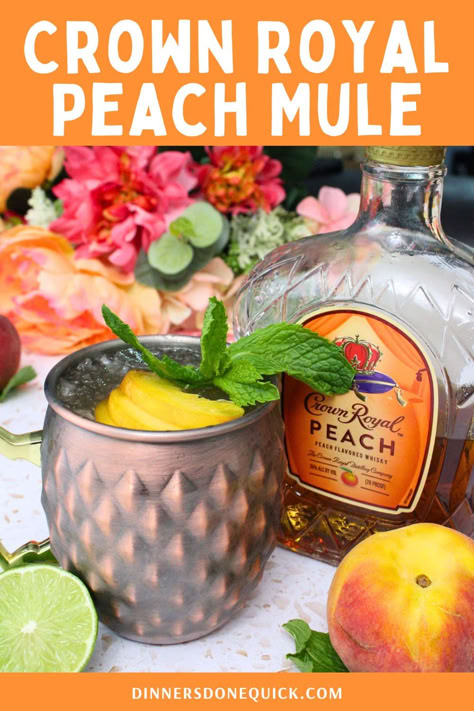 Beat the summer heat with this Crown Royal Peach Mule! This refreshing cocktail combines the smooth taste of Crown Royal Peach Whiskey with ginger beer and fresh lime for a delightful twist on a classic mule. Perfect for summer gatherings or a relaxing evening at home, this easy-to-make cocktail is sure to impress. Click to get the full recipe and mix up your own Crown Royal Peach Mule today! #SummerCocktail #PeachMule #CrownRoyal #CocktailRecipes Peach Mule Recipe, Peach Mule Drink Recipes, Drinks With Crown Royal Peach, Drinks With Peach Crown Royal, Crown Peach Drinks Recipes Cocktails, Peach Crown Royal Drink Recipes, Crown Royal Peach Drinks Recipes, Crown Peach Drink Recipes, Peach Crown Royal Recipes