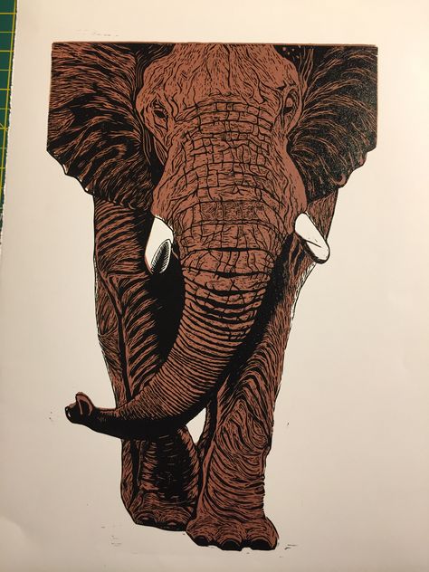 Elephant sienna. Linocut by robartprints Elephant Lino Print, Animal Lino Print, Elephant Linocut, Linocut Animals, Linocut Ideas, Alevel Art, Disney Canvas Art, Woodcut Art, Lino Cuts