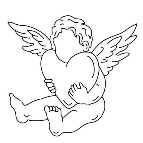 Cupid Neck Tattoos Women, Cherub With Heart Tattoo, Easy Cherubs Drawing, Cupid Angel Drawing, Angel And Heart Tattoo, Angel Holding A Heart Tattoo, Cupid Heart Drawing, Angels Drawing Aesthetic, Angels Drawing Simple