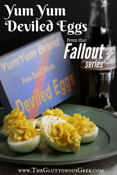 This recipe for Yum Yum Deviled Eggs from Fallout 4 is a perfect appetizer for any gathering whether you are entertaining in the Commonwealth or in New Vegas. Recipe by The Gluttonous Geek. Fallout Food Ideas, Fallout 4 Recipes, Fallout 4 Birthday Ideas, Fallout Party Food, Fallout Food Recipe, Video Game Food Recipes, Nerd Desserts, Fallout Party Ideas, Video Game Recipes