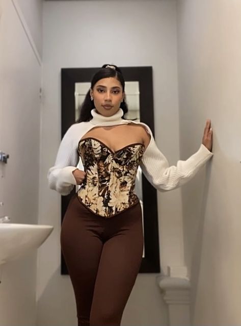 Corset And Shirt Outfit Aesthetic, Corset Turtle Neck Outfit, Corset With Long Sleeves Underneath, Corset Winter Outfit, Winter Corset Outfit, Corset Outfit Winter, Long Brown Coat Outfit, Brown Corset Outfit, 2024 Prayer