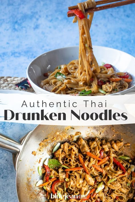 Thai Noodle Stir Fry Recipes, Drunken Ramen Noodles, Easy Thai Recipes Chicken, Banh Pho Noodles Stir Fry, Pork Thai Noodles, White Rice Noodles Recipe, Thai Stir Fry Noodles Recipe, Authentic Noodle Recipes, Asian Pork And Noodles