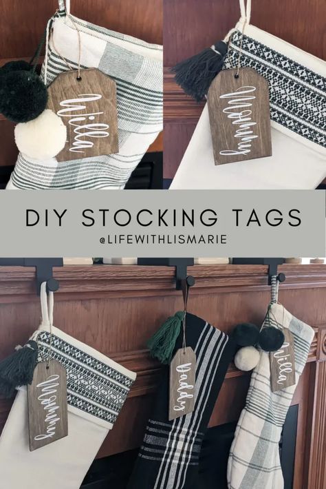 Cricut Christmas Stocking Names, Stocking Name Tags Cricut, Wooden Christmas Gift Tags Diy, Christmas Stockings Ideas Cricut, Mini Stocking Ideas, Cricut Stocking Names, Diy Wooden Tags, Stocking Tassels Diy, Stockings With Name Tags